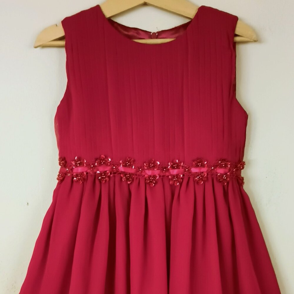 American Princess Red Chiffon Dress 5 Pleated with Floral Beaded Waist Christmas